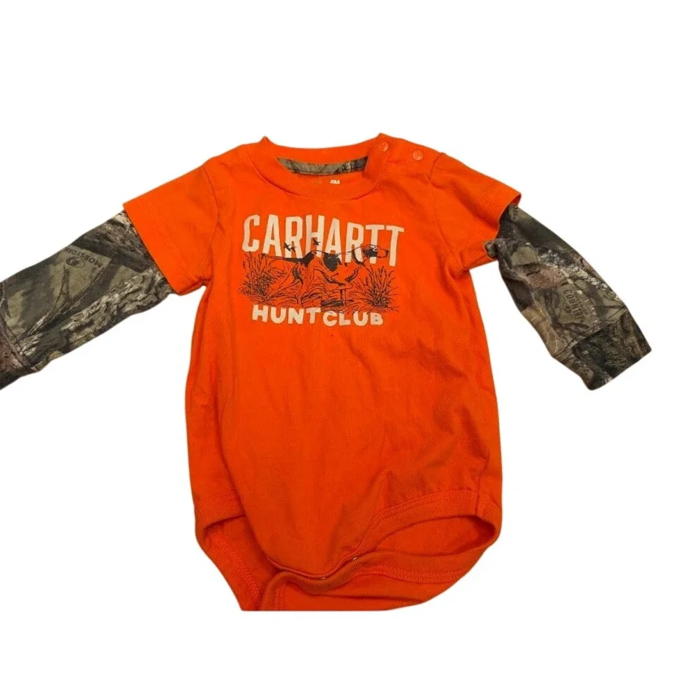 Carhartt Hunt Club Infant Bodysuit Orange Mossy Oak Camo Layered Sleeves 6M